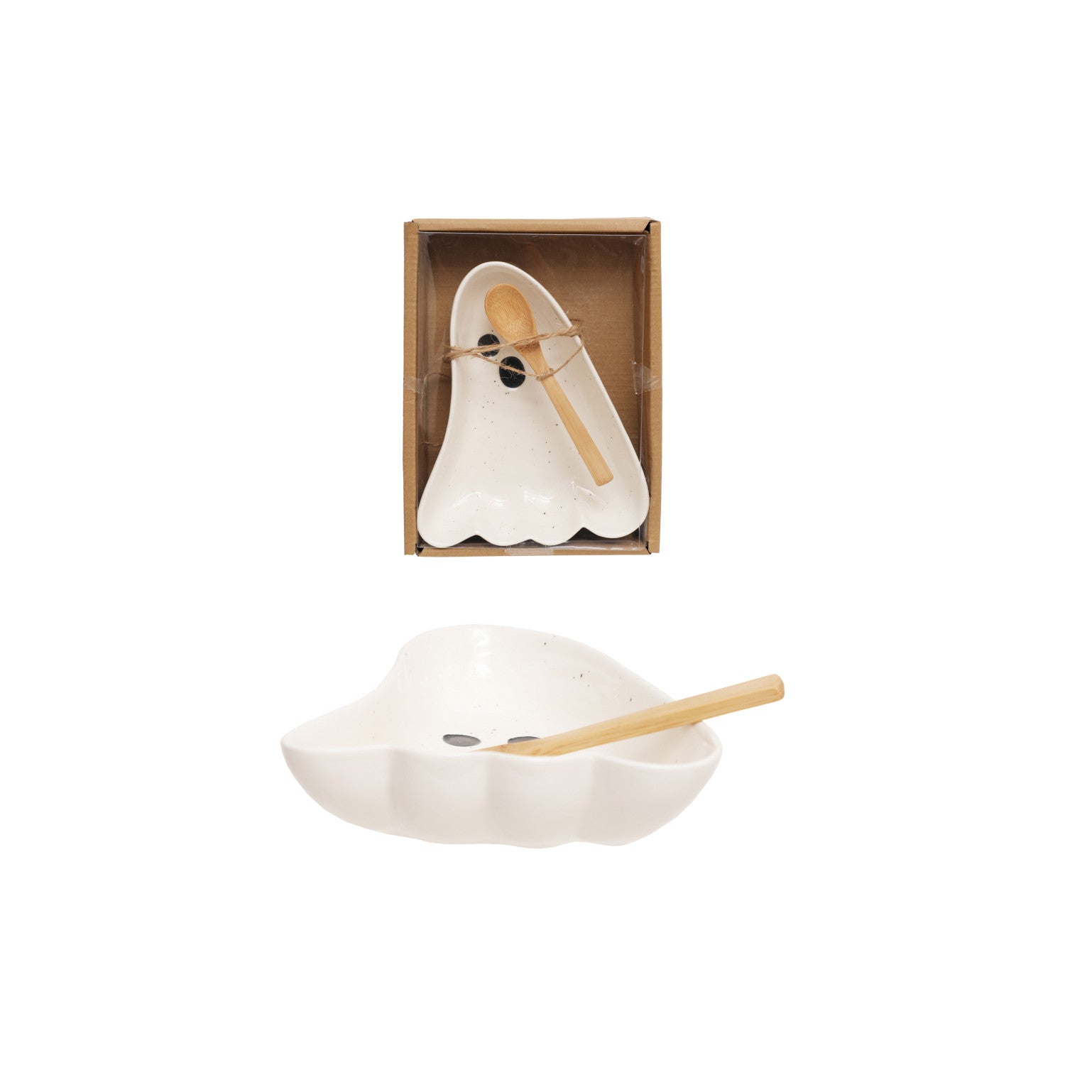 Stoneware Ghost Shaped Dish with Spoon, Boxed Set of 2 Tied with Jute