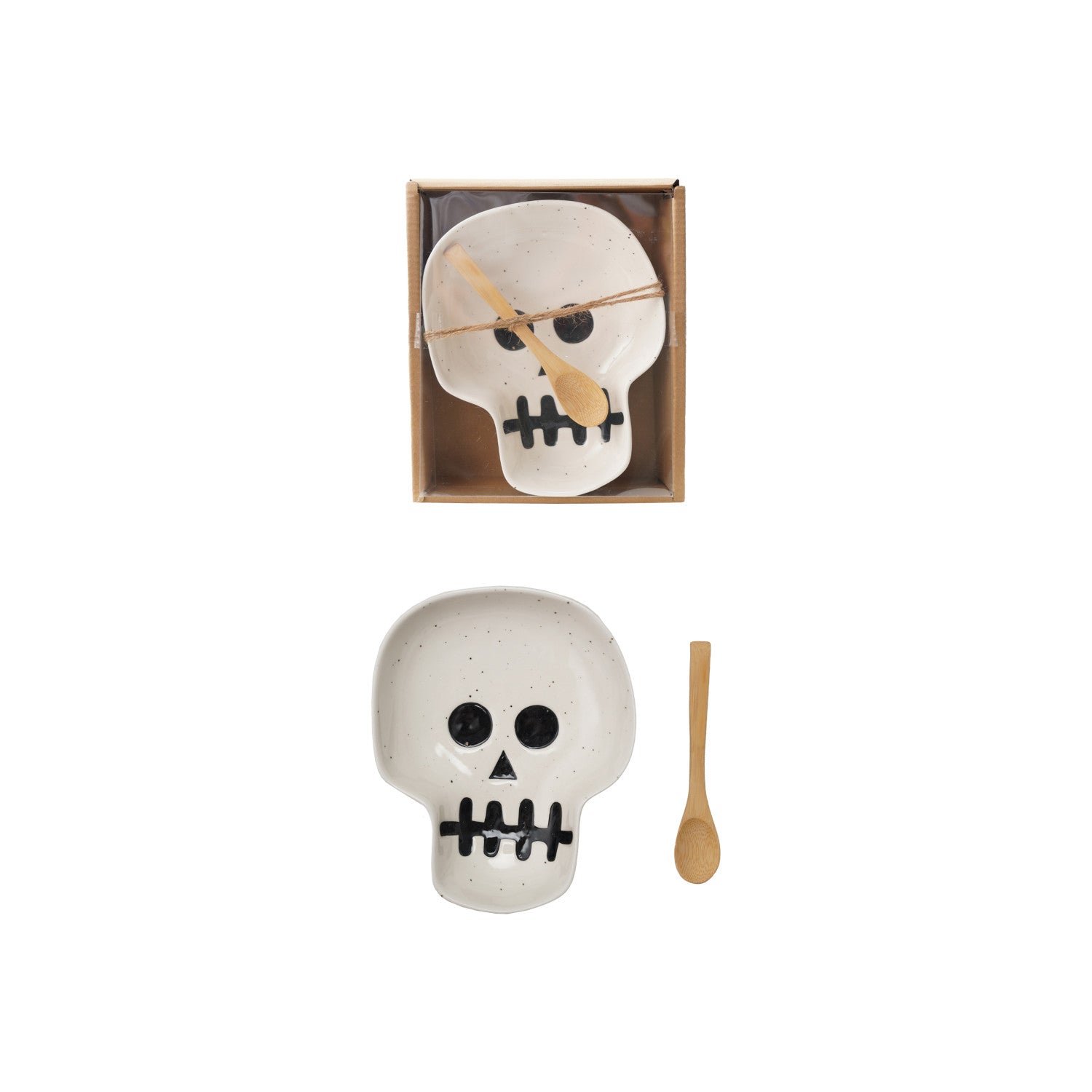 Stoneware Skull Shaped Dish with Spoon, Boxed Set of 2 Tied with Jute