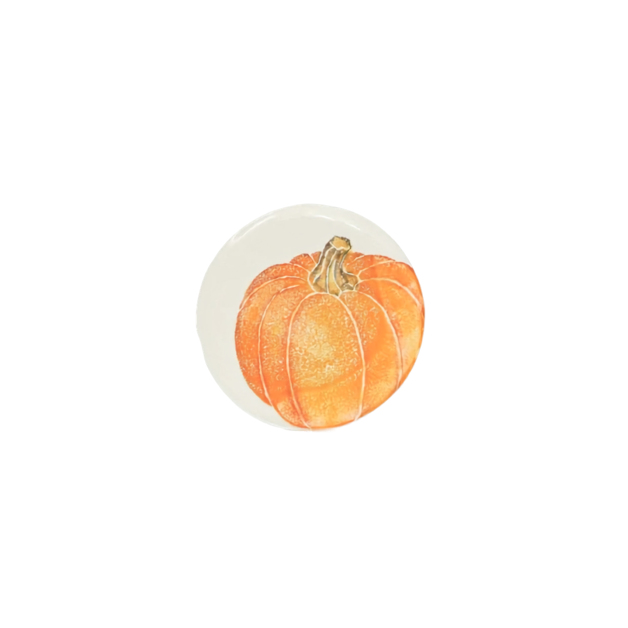A circular clear cabochon featuring a watercolor illustration of a small orange pumpkin with a textured stem, centered on a plain white background.
