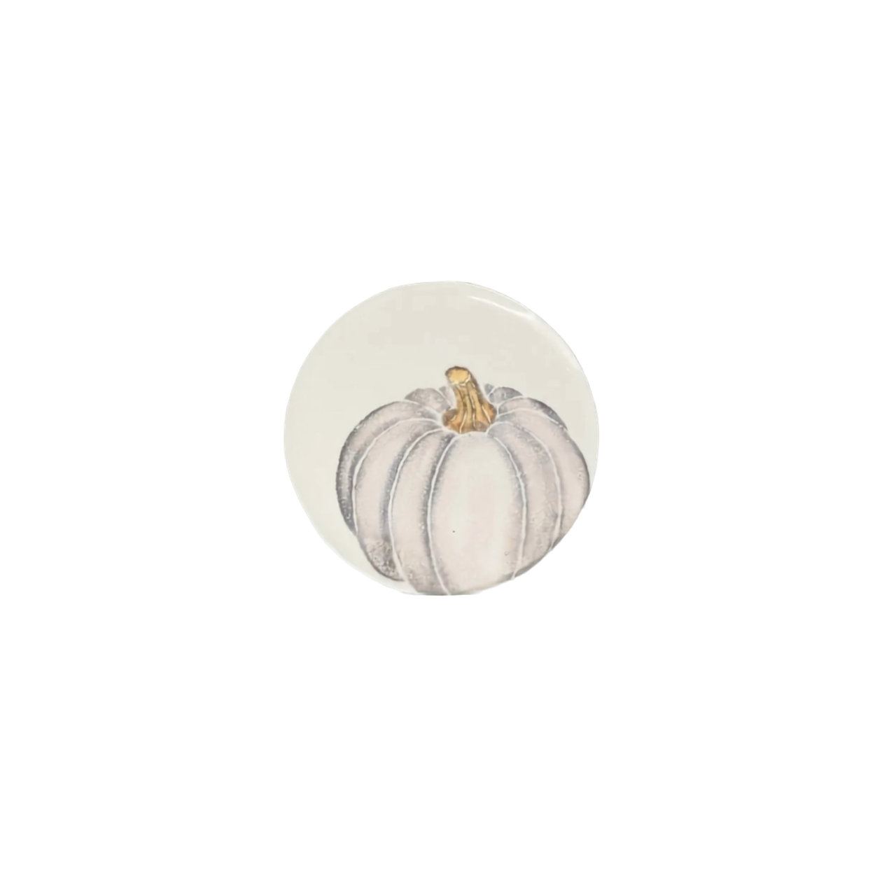 A round white ceramic or glass pinback button featuring a hand-painted illustration of a pale gray and white pumpkin with a small brown stem, shown on a plain white background.