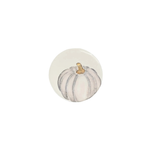 A round white ceramic or glass pinback button featuring a hand-painted illustration of a pale gray and white pumpkin with a small brown stem, shown on a plain white background.