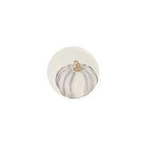 A round white ceramic or glass pinback button featuring a hand-painted illustration of a pale gray and white pumpkin with a small brown stem, shown on a plain white background.