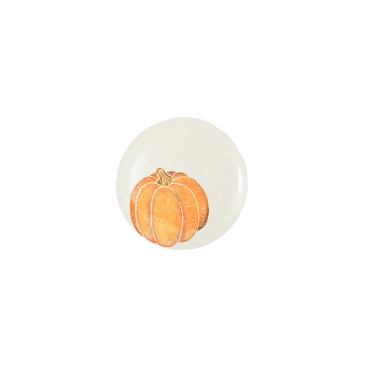 A round, glossy white coaster featuring a watercolor illustration of a small orange pumpkin in the center, isolated on a solid white background.