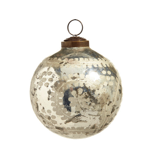 Etched Silver Mercury Glass Ball Ornament