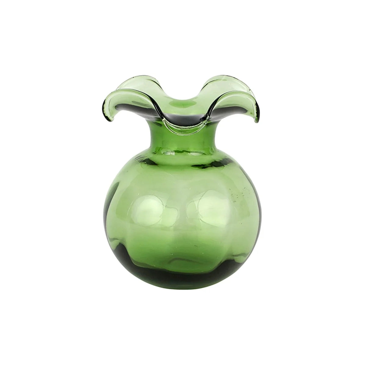 Green glass vase with a wavy top on a white background