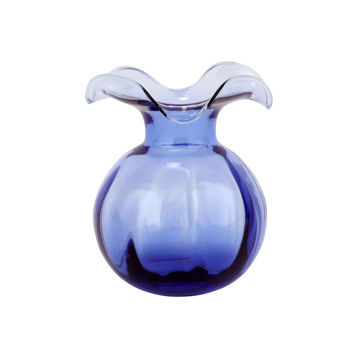 Blue glass vase with a wavy top on a white background
