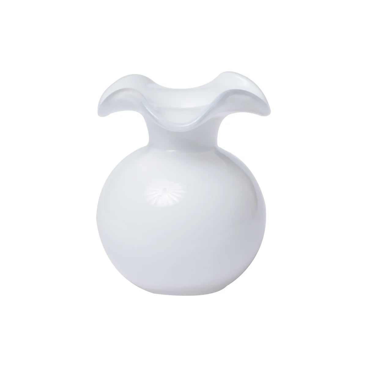 White glass vase with a wavy top on a white background