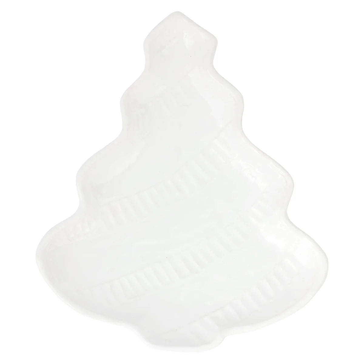 A white ceramic Christmas tree-shaped dish with a textured, ribbed pattern, shown on a solid white background.