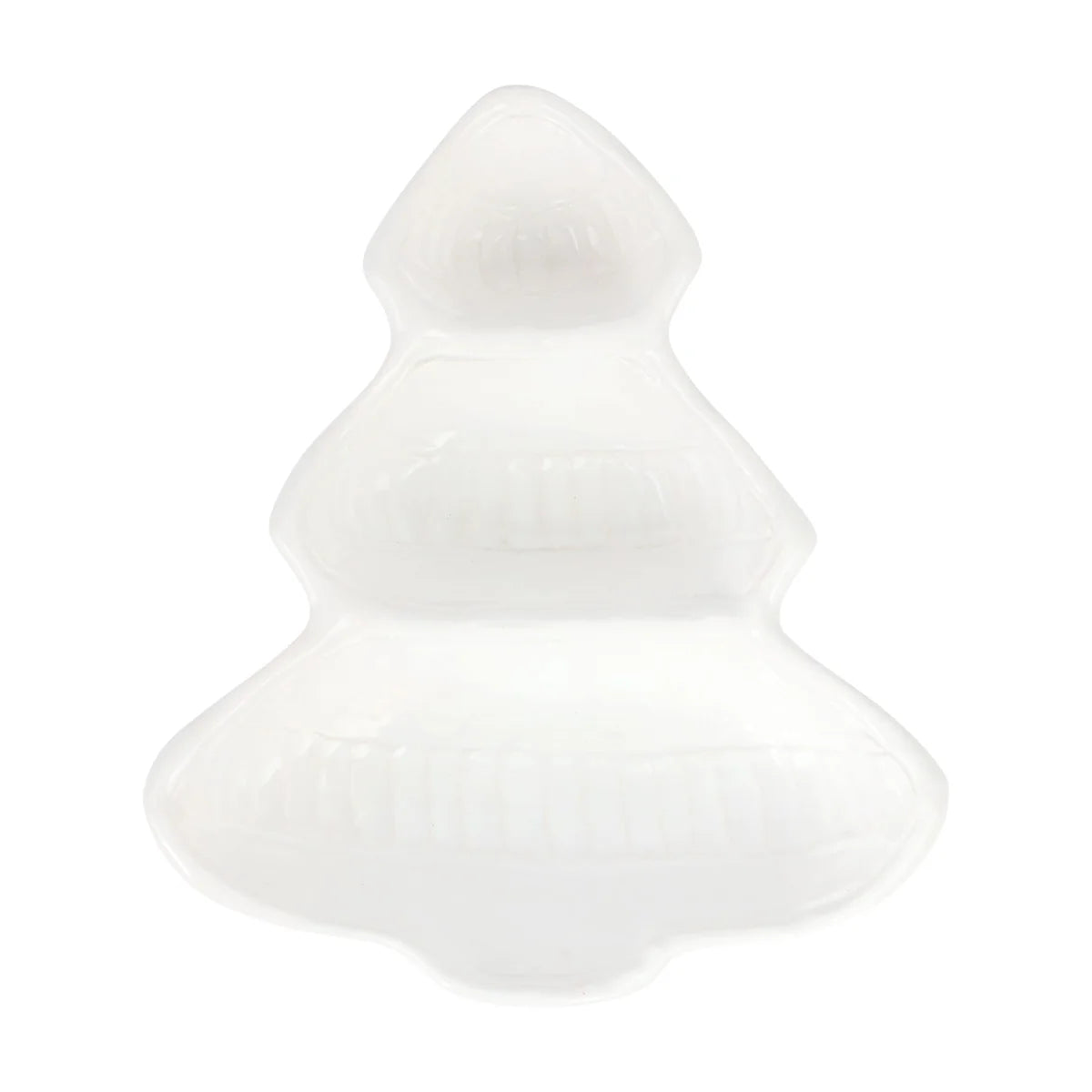 A white, tiered Christmas tree-shaped serving dish or tray with a ribbed texture, shown on a solid white background.