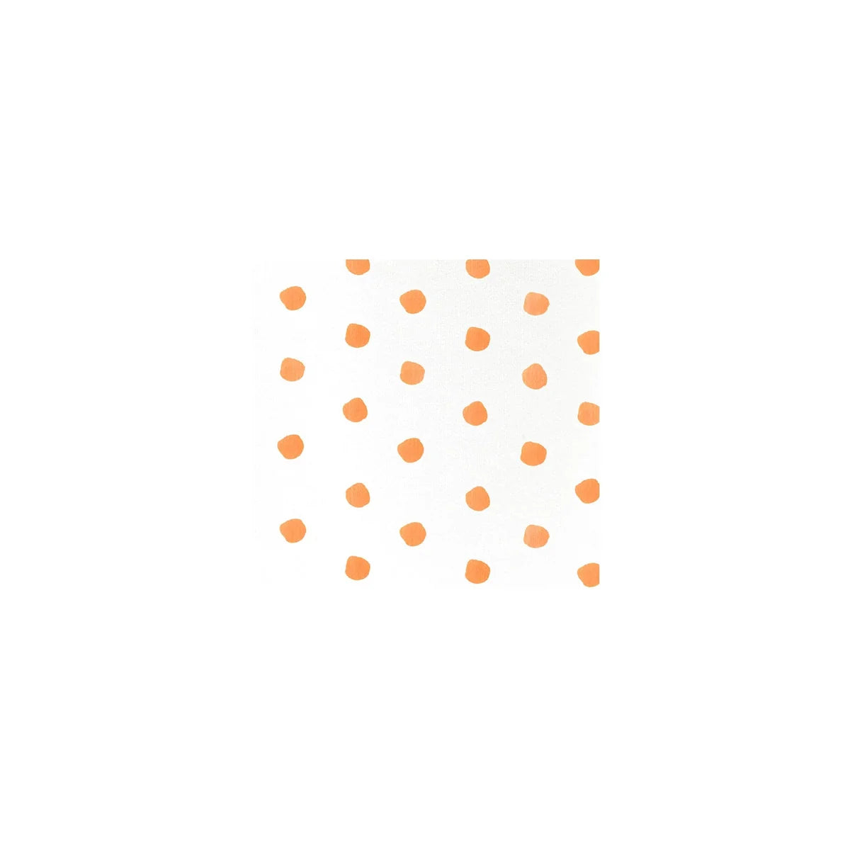 A square white napkin or paper towel featuring a pattern of small, hand-drawn orange polka dots, centered on a solid white background.