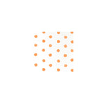 A square white napkin or paper towel featuring a pattern of small, hand-drawn orange polka dots, centered on a solid white background.