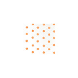 A square white napkin or paper towel featuring a pattern of small, hand-drawn orange polka dots, centered on a solid white background.
