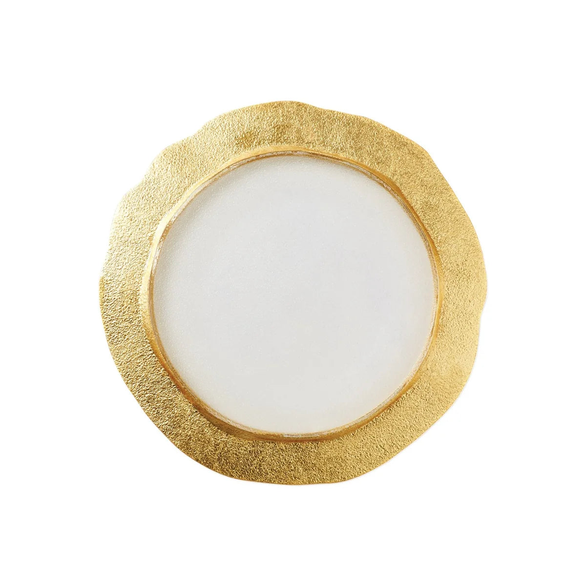 Round white object with a gold textured rim on a white background