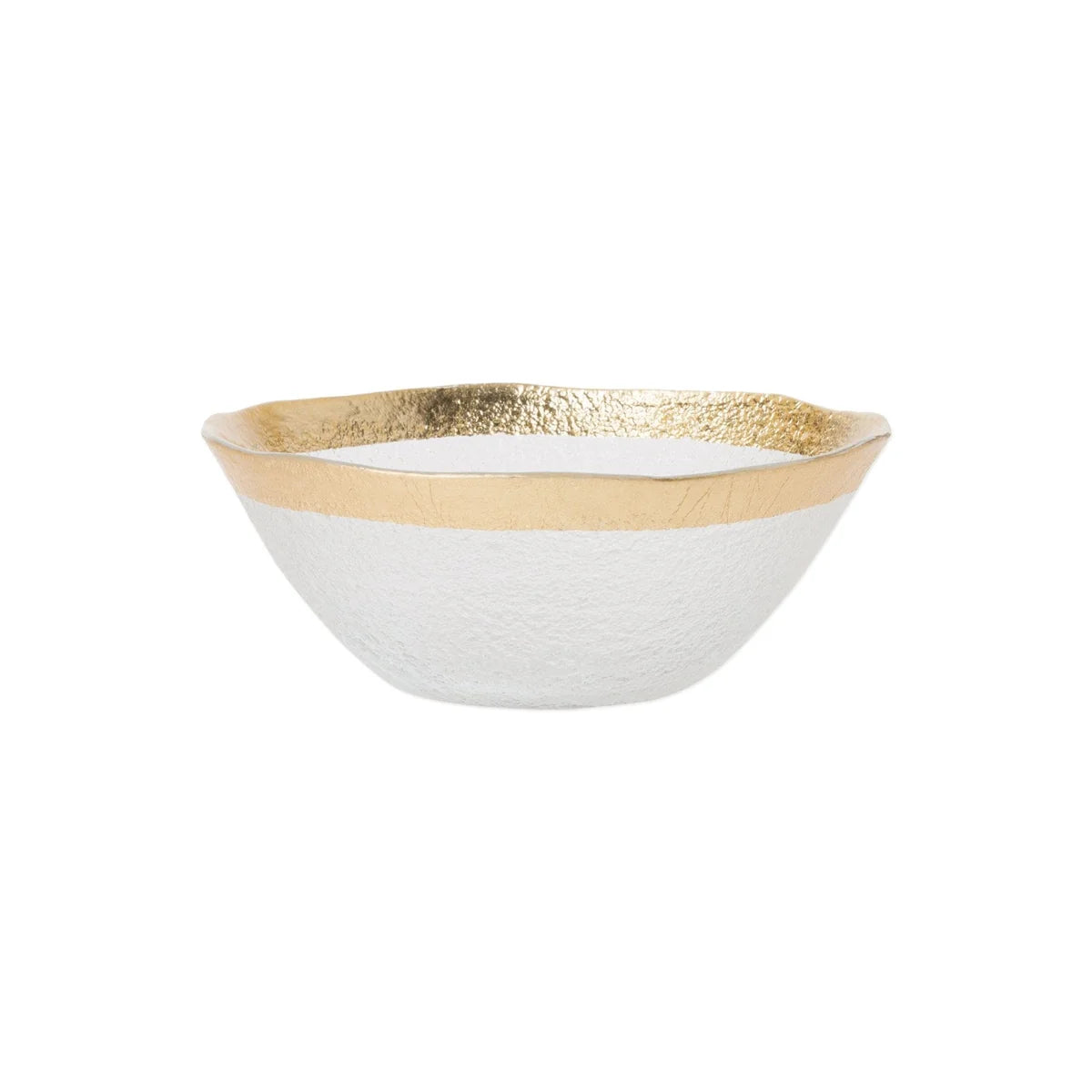 A white textured ceramic bowl with a hammered gold interior and a smooth gold band around the rim, shown on a plain white background.