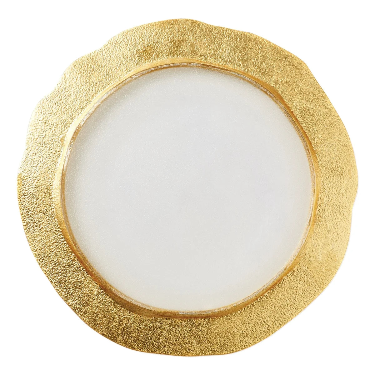 Round white object with a gold textured rim on a white background