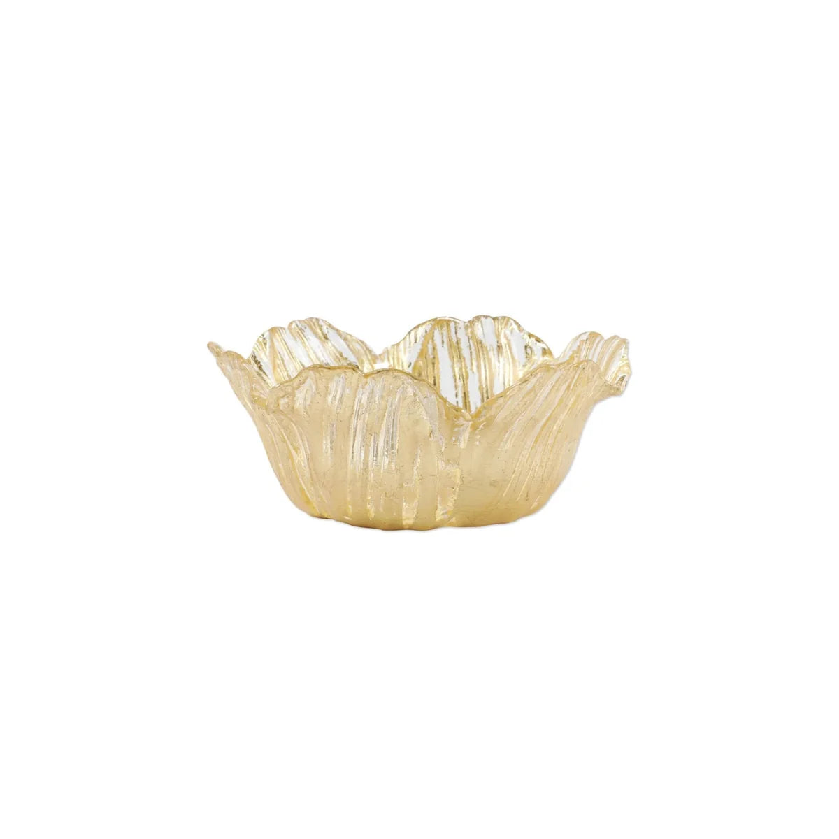 A small, scalloped-edge glass bowl with a textured, ribbed surface and a warm champagne-gold finish, isolated on a solid white background.