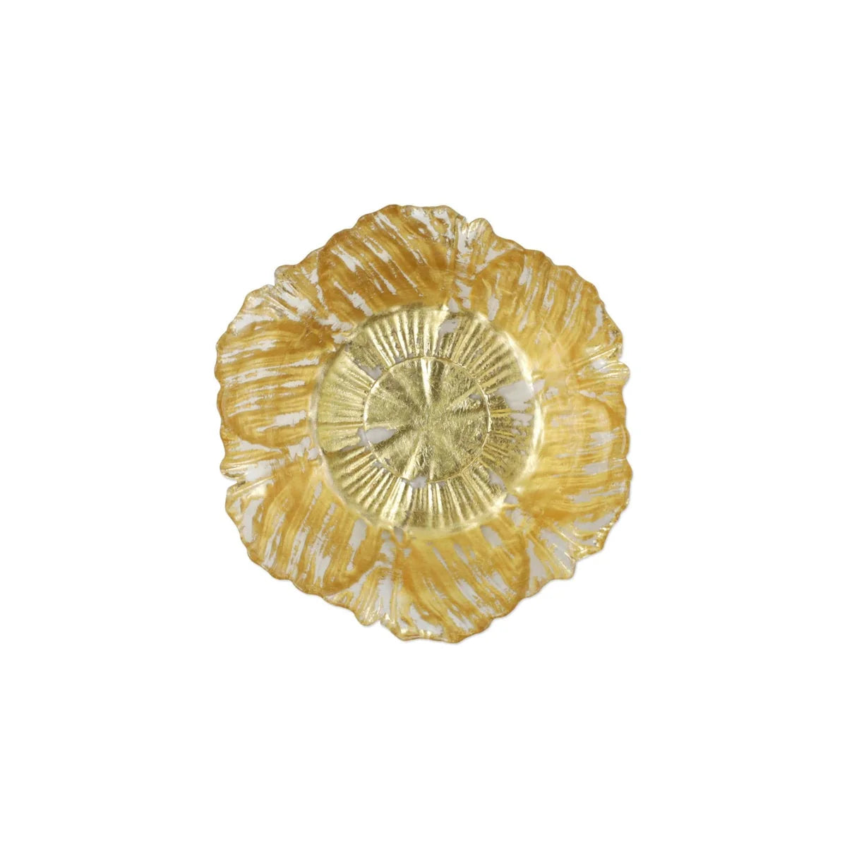 A single round decorative dish with a scalloped, flower-like rim and a ribbed center, shown from above on a plain white background.