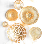 Five gold glass tableware pieces arranged on a white surface: two shallow round plates, two textured bowls, and one small tumbler. The pieces have organic cracked-glass or web-like patterns in metallic gold tones.