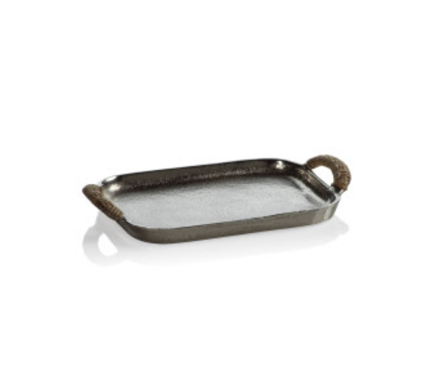 Mauritius Raw Aluminum Tray with Rattan Wrapped Handles