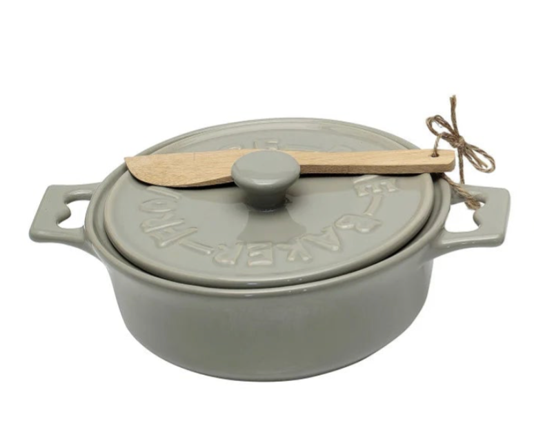 Stoneware Brie Baker with Lid & Wooden Spreader