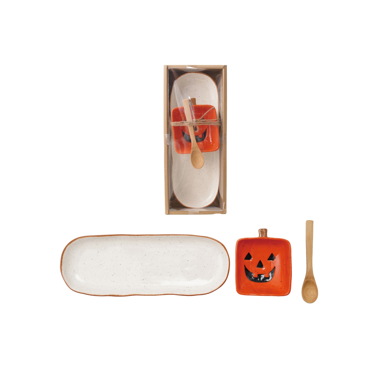 (2) Stoneware Dishes & Bamboo Spoon, Boxed Set of 3 Tied with Jute