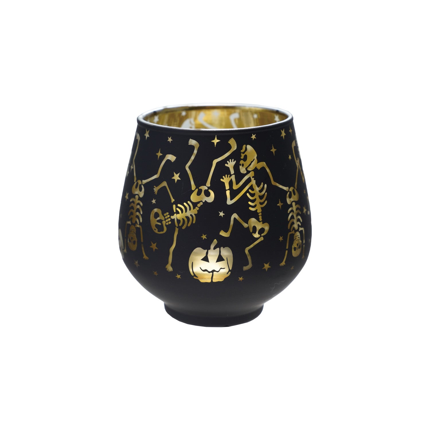 Glass Tealight/Votive Holder with Dancing Skeletons & Jack-O-Lanterns