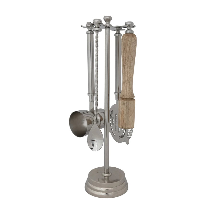 Stainless Steel & Mango Wood Bar Tools with Stand