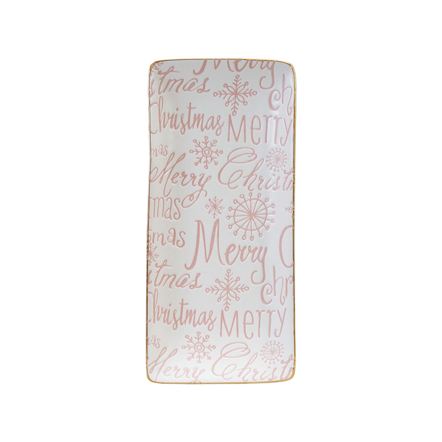 Stoneware Tray with Gold Color Rim "Merry Christmas", Pink & White
