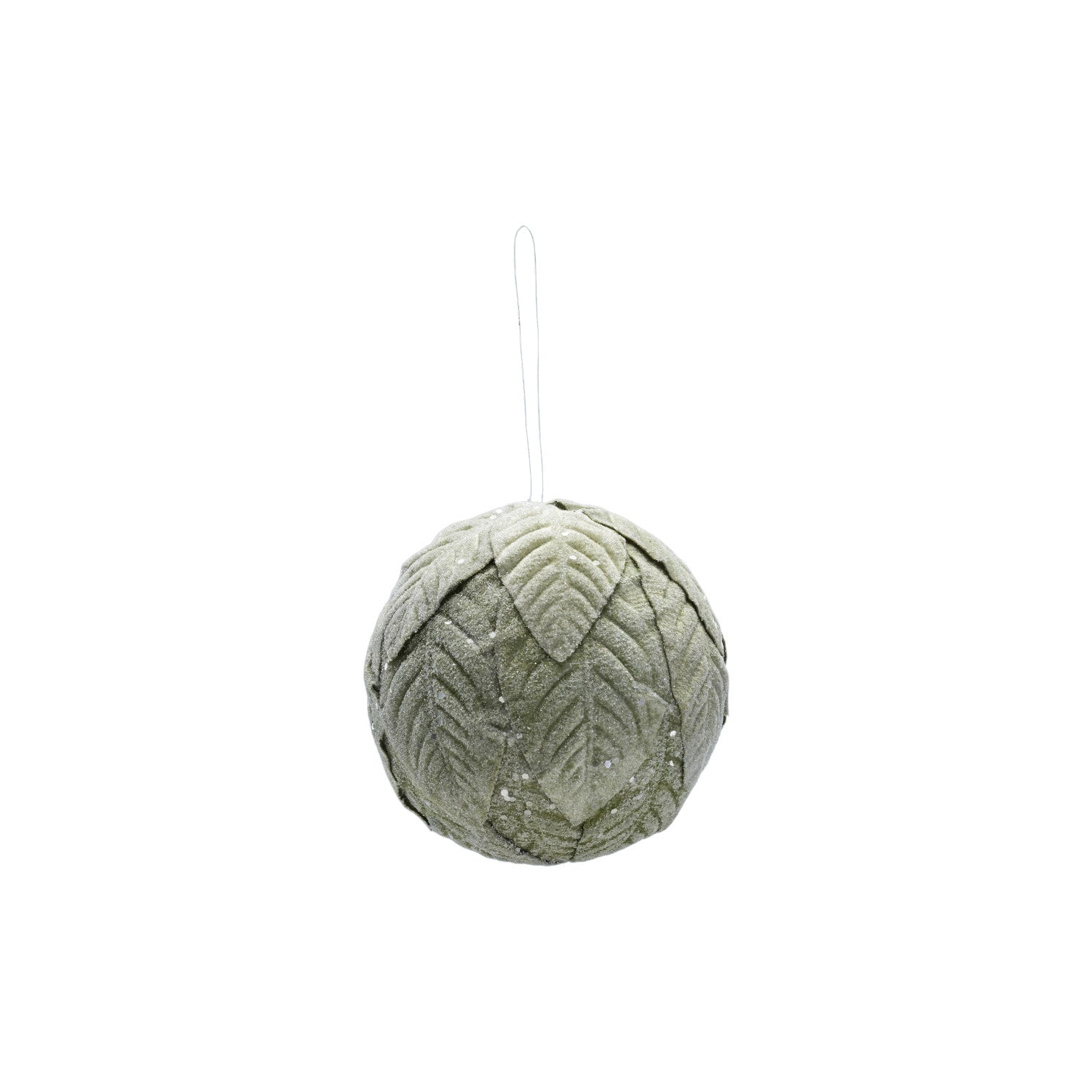 Foam & Fabric Leaves Ball Ornament with Glitter, Ice Finish, Green