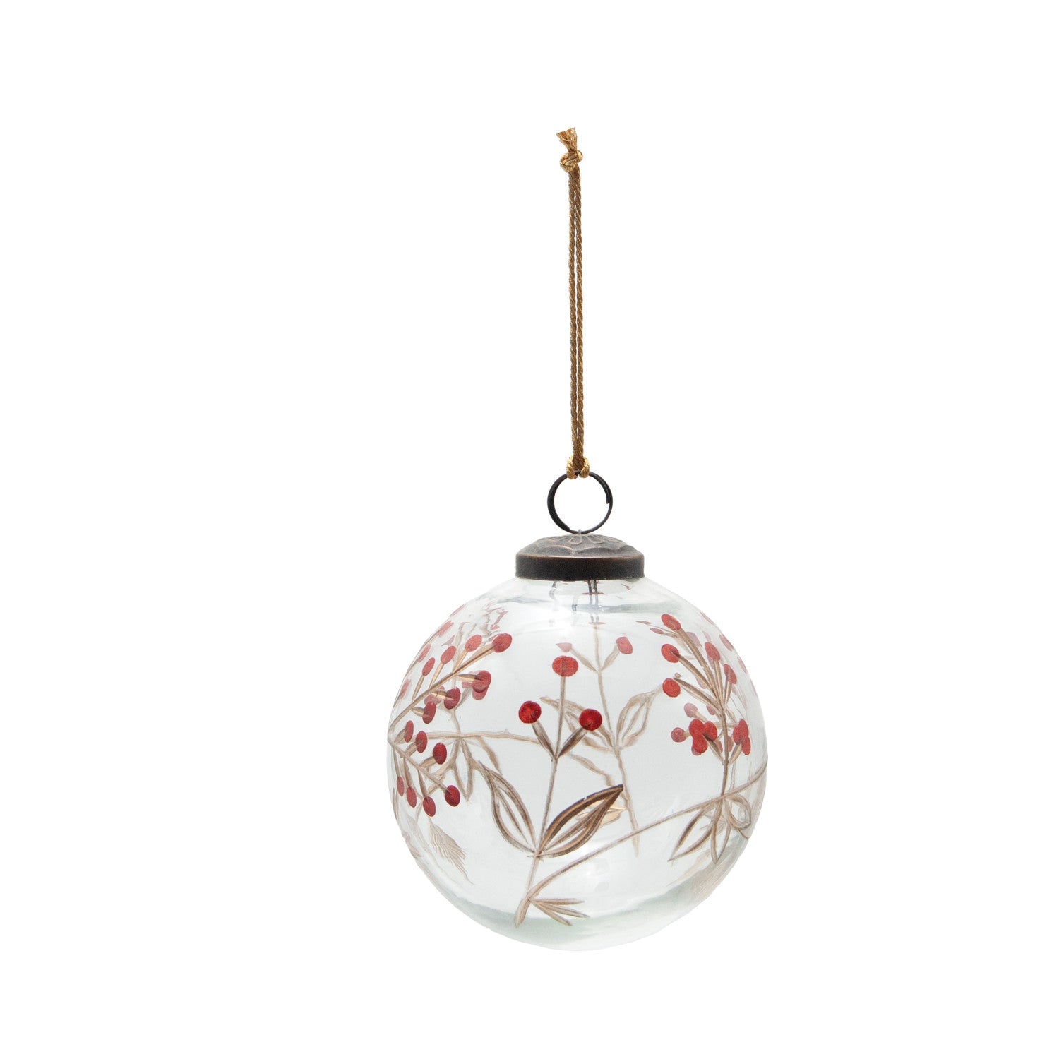 Hand-Painted Etched Glass Ball Ornament with Berry Design