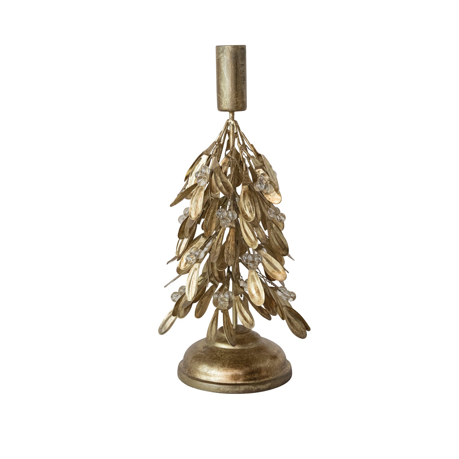 Handmade Mistletoe Taper Candle Holder – Antique Gold Metal & Beaded Holiday Décor