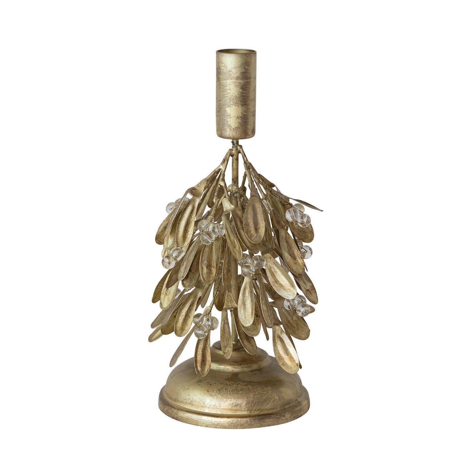 Handmade Mistletoe Taper Candle Holder – Antique Gold Metal & Beaded Holiday Décor